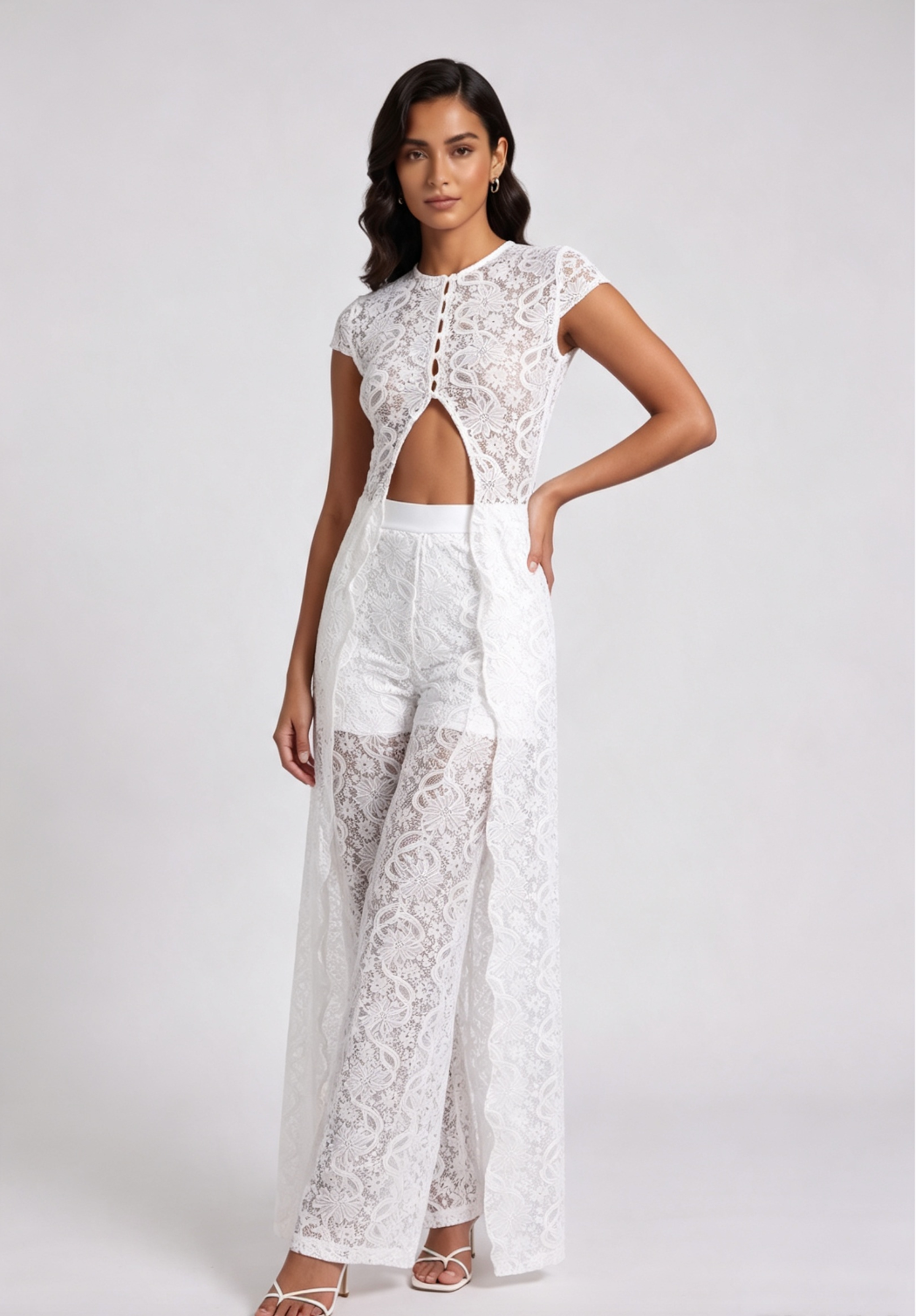 White Floral lace Slim-fit maxi top with high front slit; high-waisted wide-leg pants Two-piece set (longline tunic and pants)