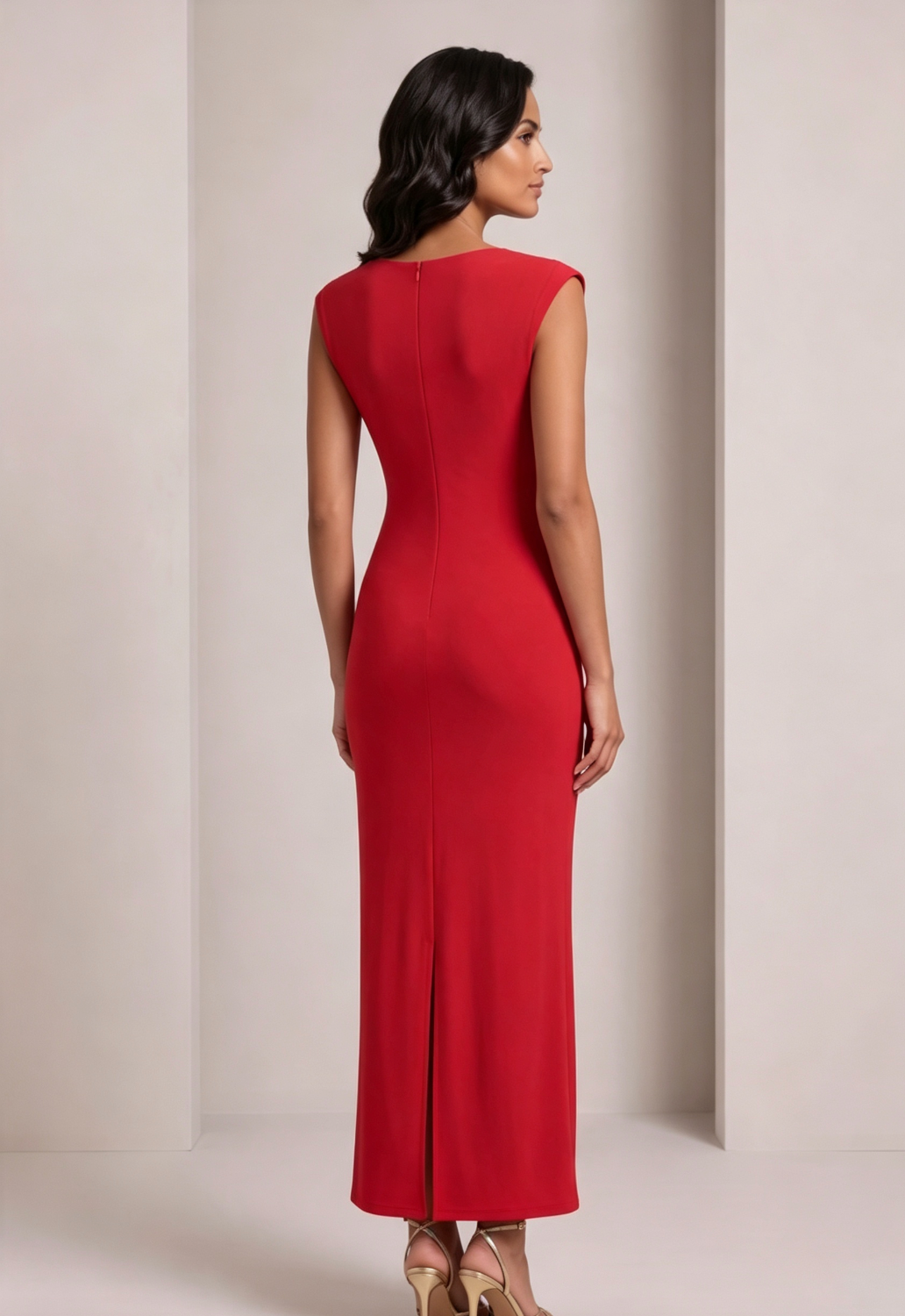 red stretch jersey or crepe fitted column dress