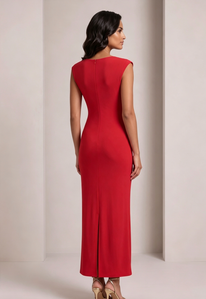 red stretch jersey or crepe fitted column dress