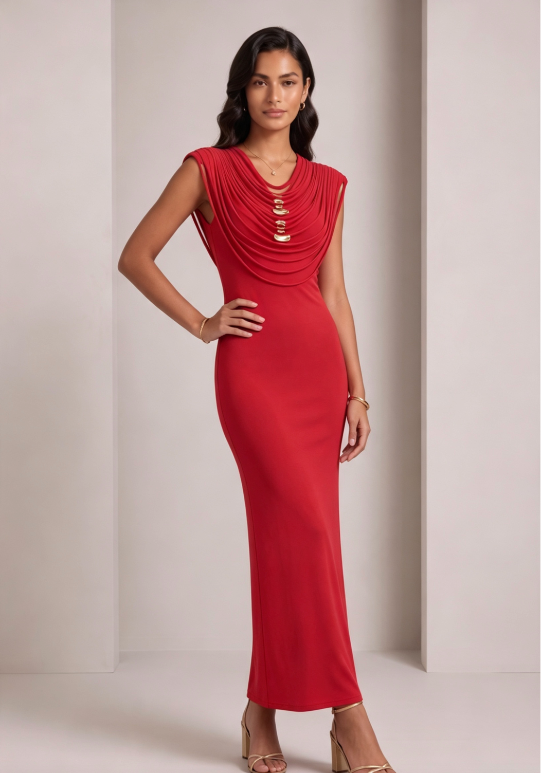 red stretch jersey or crepe fitted column dress