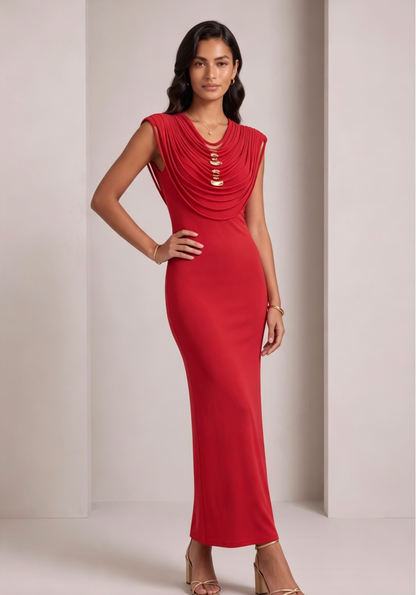 red stretch jersey or crepe fitted column dress