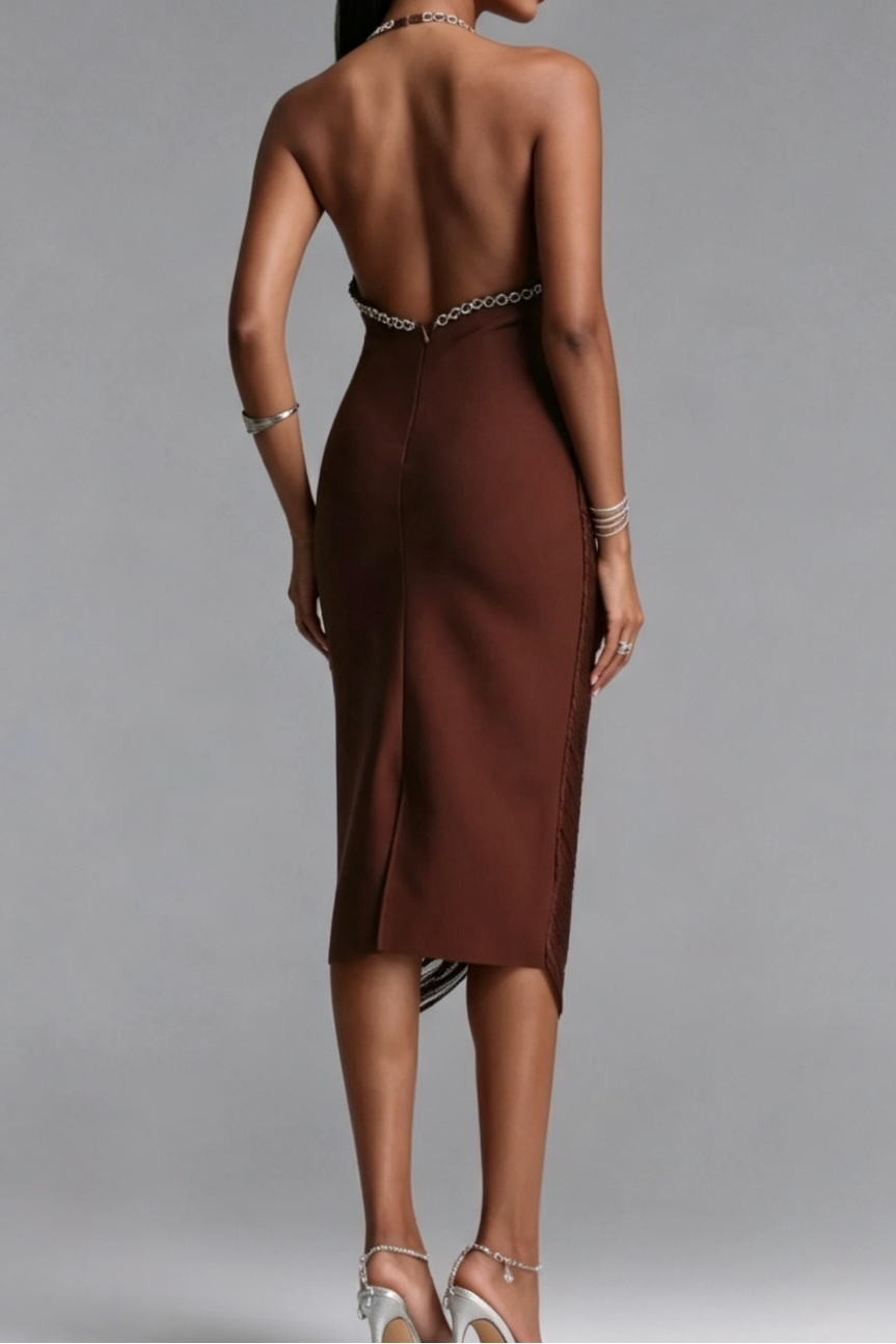 chocolate brown micro-fringe textured synthetic sheath dress