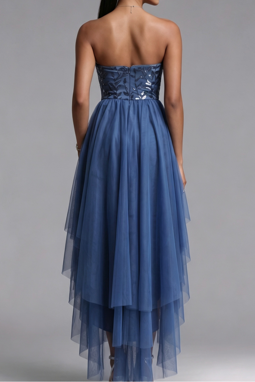 slate blue tulle high-low A-line dress
