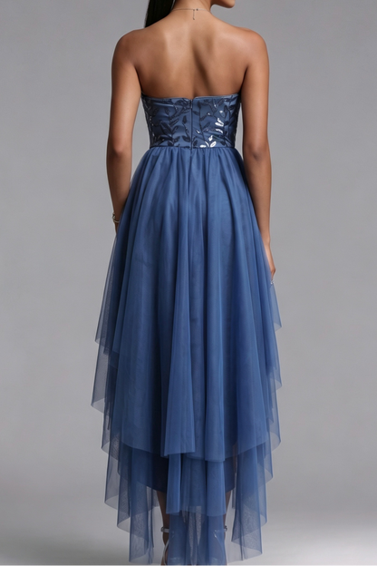 slate blue tulle high-low A-line dress
