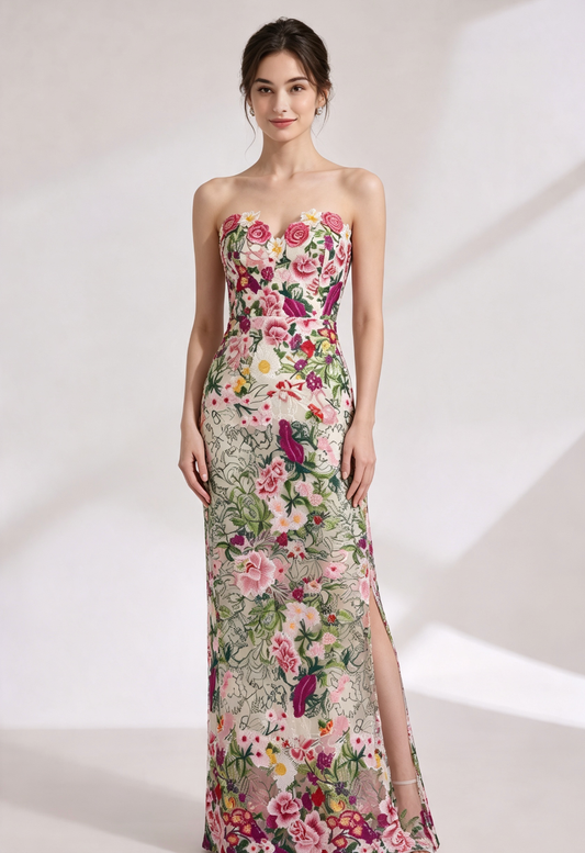 Cream Embroidered Lace Column Gown