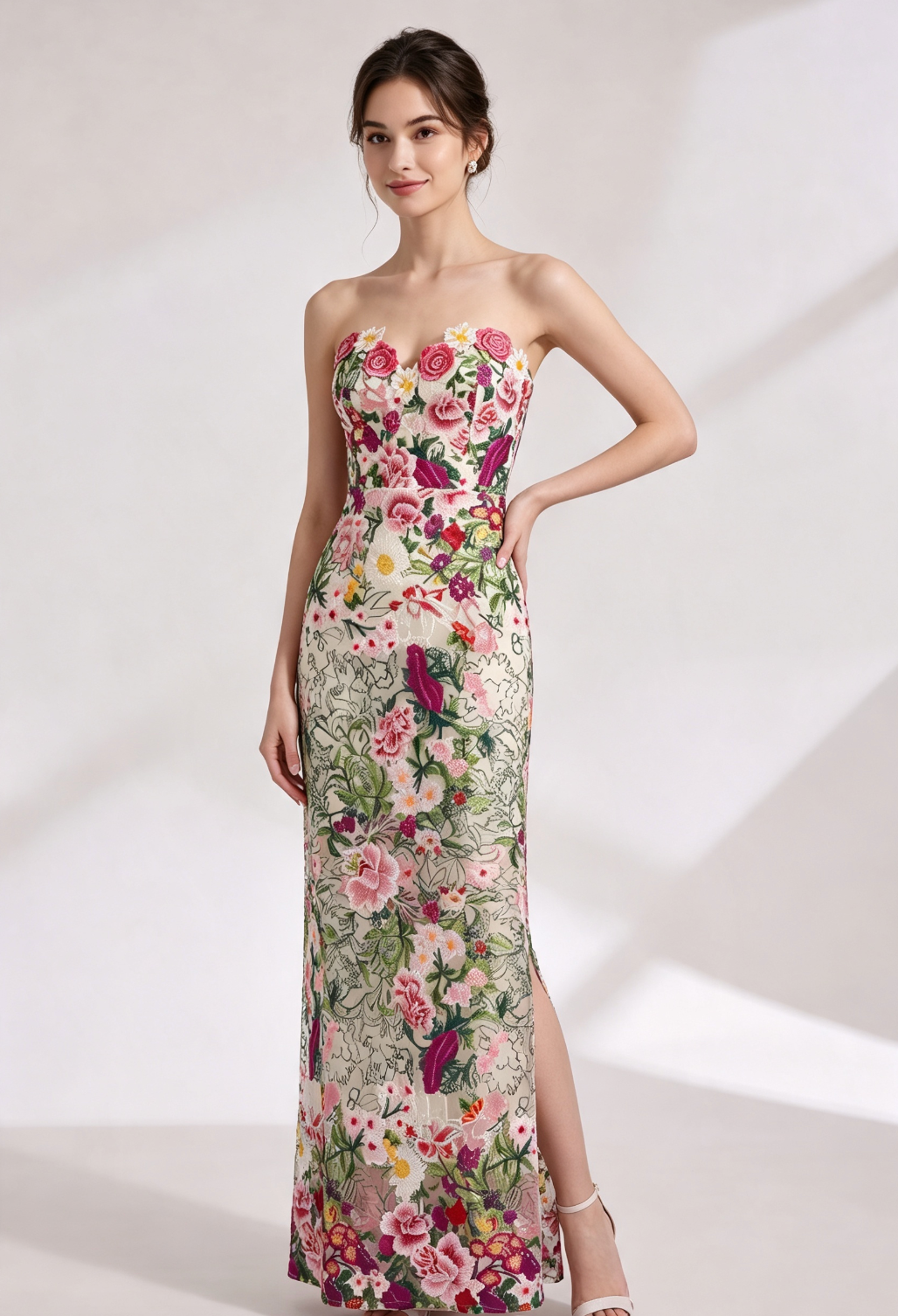 Cream Embroidered Lace Column Gown