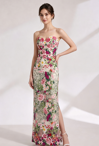 Cream Embroidered Lace Column Gown