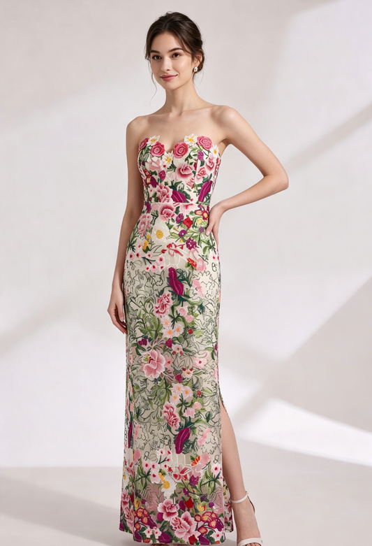 Cream Embroidered Lace Column Gown
