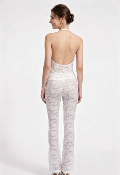 White Sheer Floral Lace Two-Piece Set - Halter Top & Flared Pants