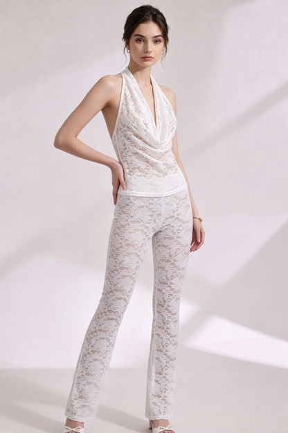 White Sheer Floral Lace Two-Piece Set - Halter Top & Flared Pants