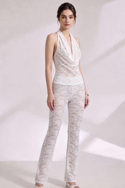 White Sheer Floral Lace Two-Piece Set - Halter Top & Flared Pants