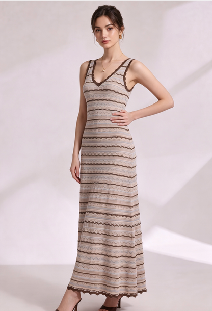 Beige Crochet-Style Knit A-Line Maxi Dress