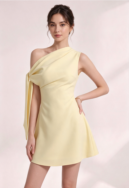 Pale Yellow Asymmetrical One-Shoulder A-Line Mini Dress