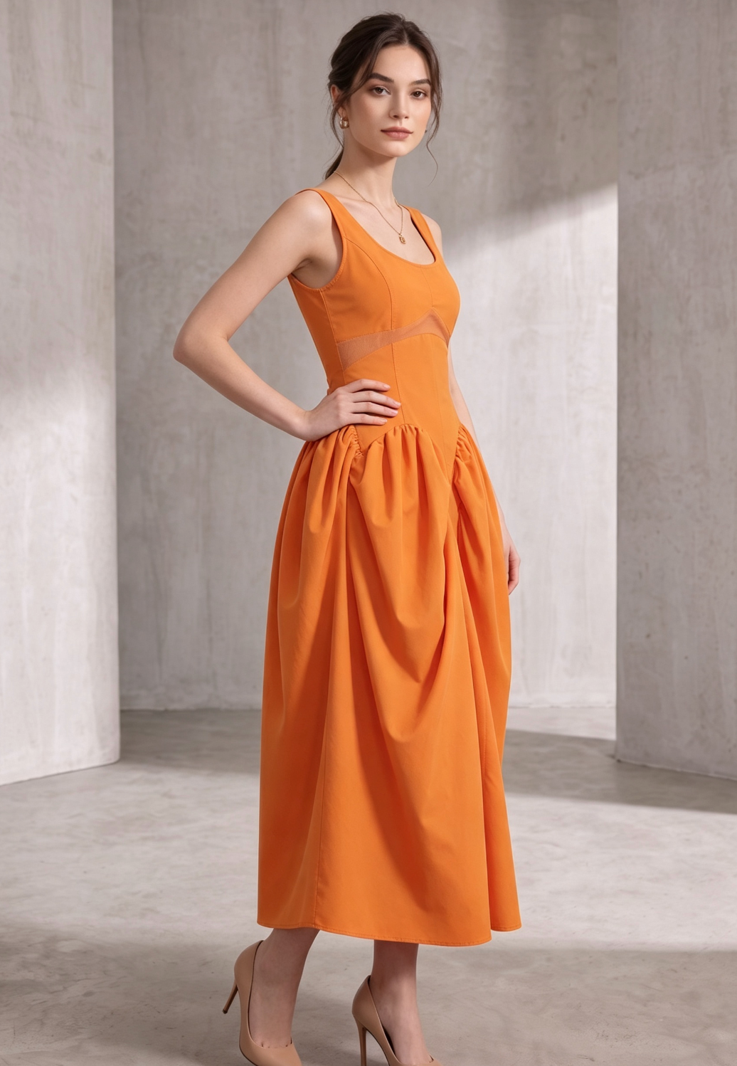 Bright Orange Fit-and-Flare Balloon Skirt Midi Dress