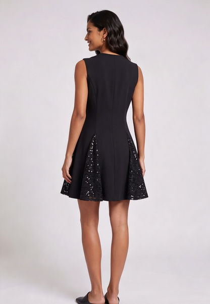 black structured matte crepe A-line, fit-and-flare dress