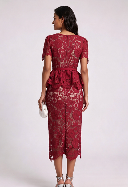 Dark Red Corded Floral Lace Sheath with Peplum Dress