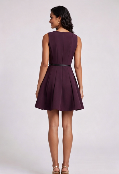 Deep Plum Structured Crepe Fit-and-Flare Mini Dress
