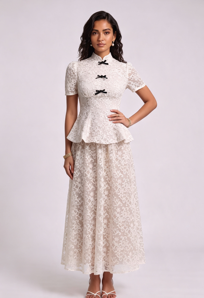 Ivory Lace Peplum Top & A-Line Maxi Skirt Two-Piece Set