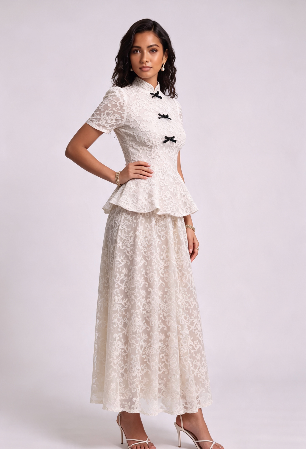 Ivory Lace Peplum Top & A-Line Maxi Skirt Two-Piece Set