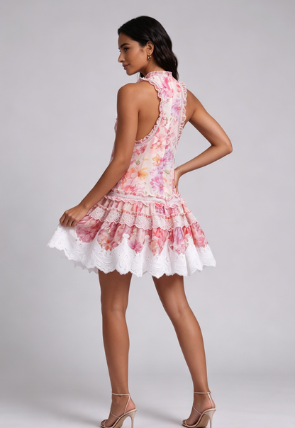 Pink Chiffon A-Line Tiered Floral Dress