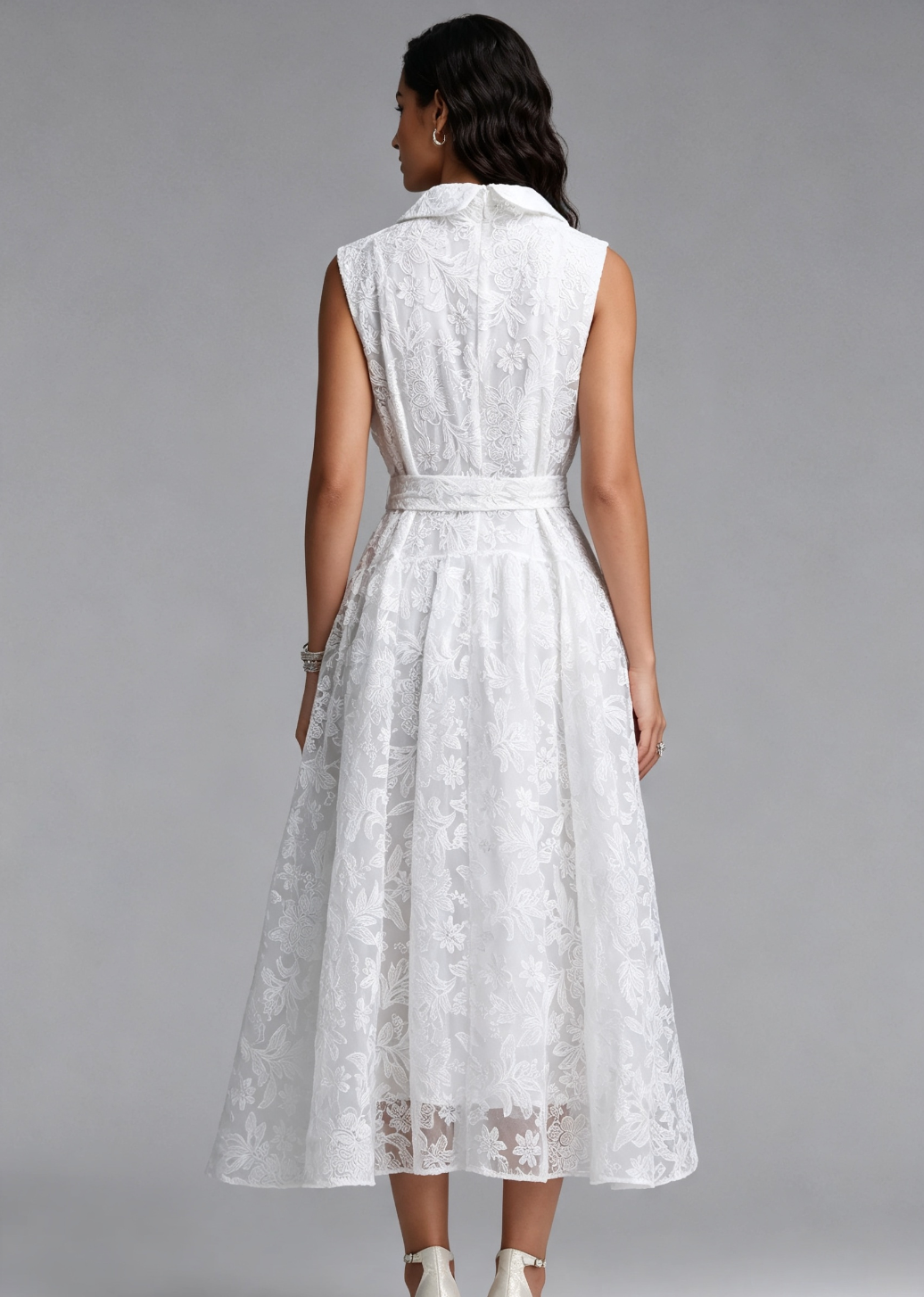 White Floral Lace A-Line Midi Dress
