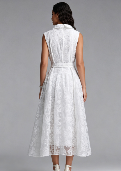 White Floral Lace A-Line Midi Dress