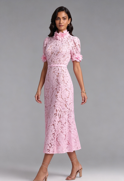 Pink Floral Lace A-Line Midi Dress