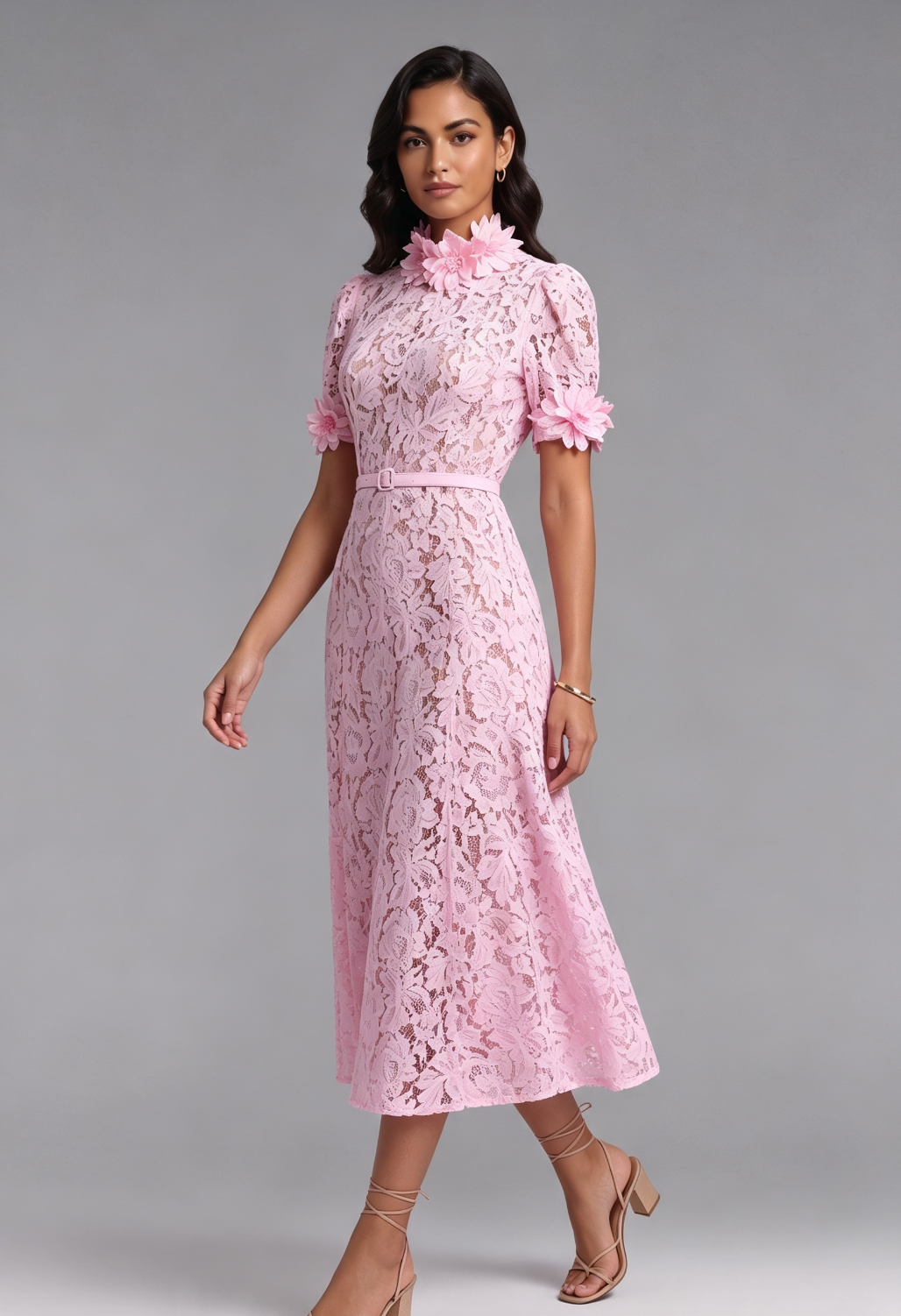 Pink Floral Lace A-Line Midi Dress