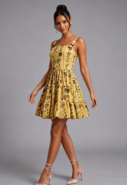Yellow Floral A-Line Fit-and-Flare Mini Dress