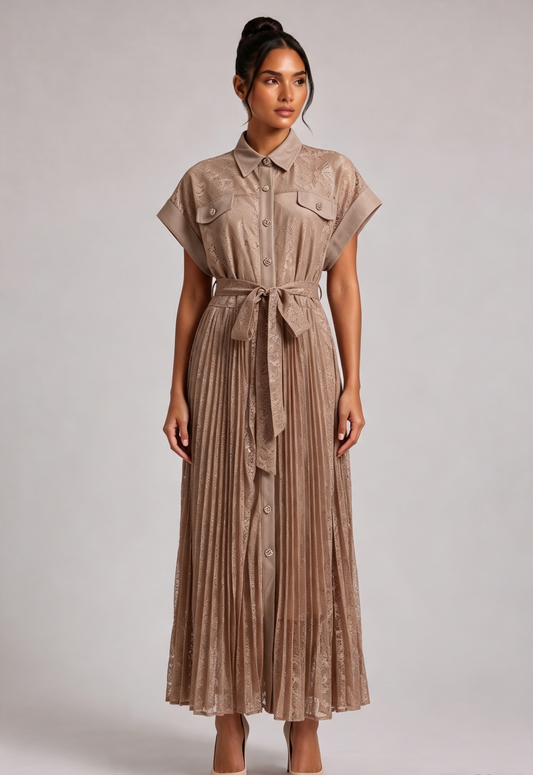 Premium Fabric Collared Pleated Dress Premium Fabric - product view 2