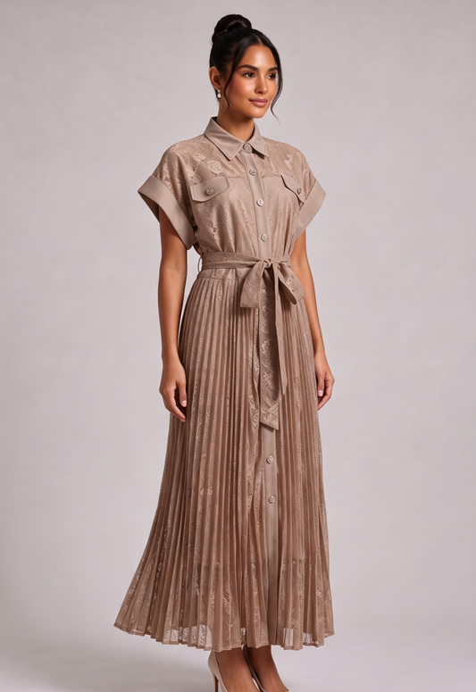 Premium Fabric Collared Pleated Dress Premium Fabric - product view 3