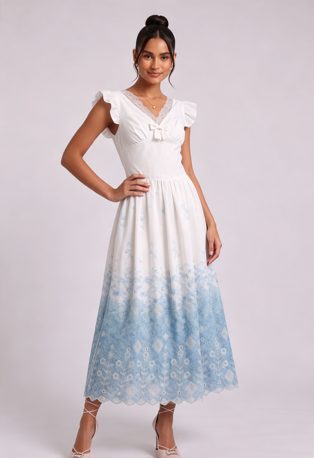 White Cotton Woven Fit-and-Flare Midi Dress with Gradient Floral and Eyelet
