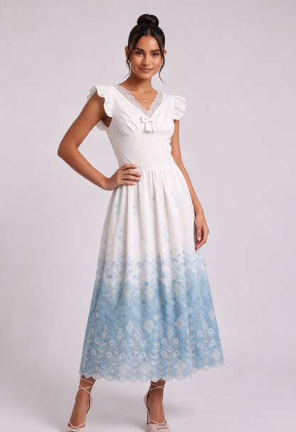 White Cotton Woven Fit-and-Flare Midi Dress with Gradient Floral and Eyelet