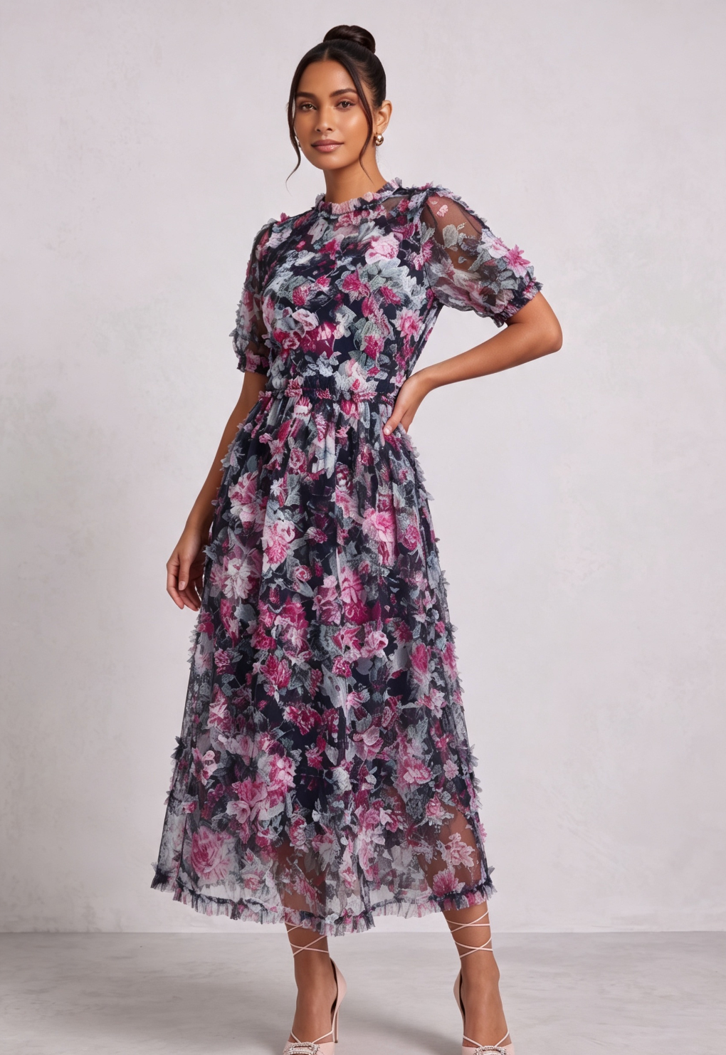 Navy Blue Floral Sheer Organza A-Line Midi Dress with 3D Ruffled Detail