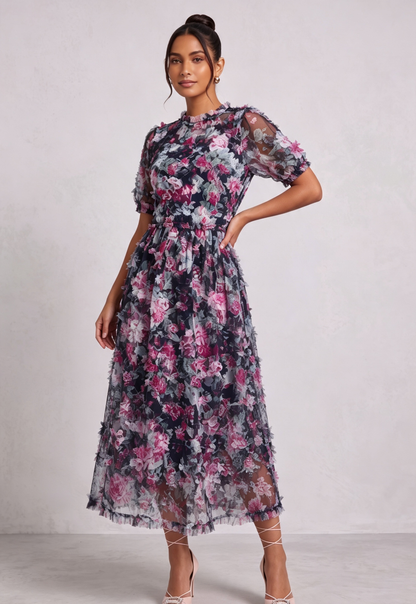 Navy Blue Floral Sheer Organza A-Line Midi Dress with 3D Ruffled Detail