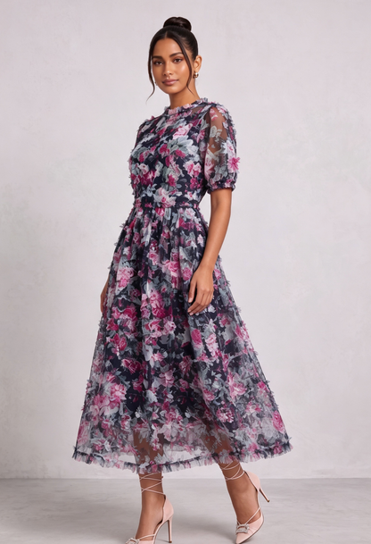 Navy Blue Floral Sheer Organza A-Line Midi Dress with 3D Ruffled Detail