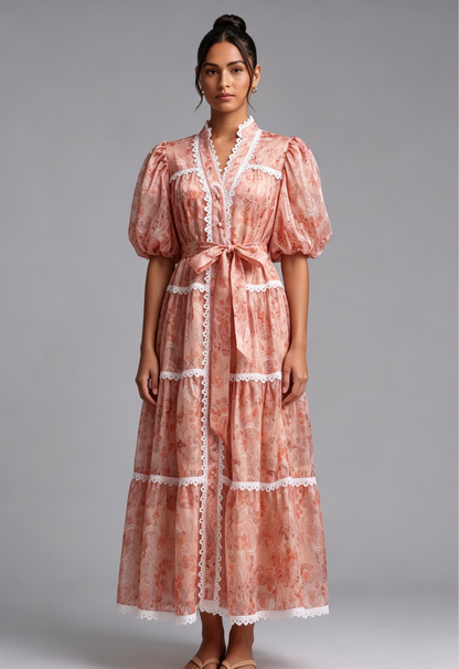 Peach Organza A-Line Tiered Maxi Dress with Botanical Floral Print