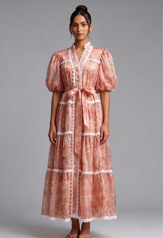 Peach Organza A-Line Tiered Maxi Dress with Botanical Floral Print