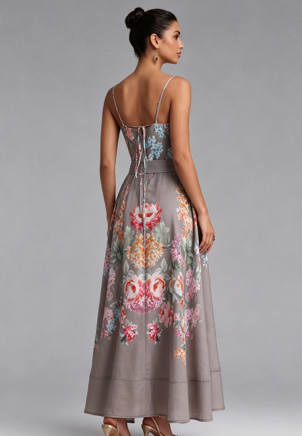 Taupe Linen-Blend A-Line Floral Maxi Dress