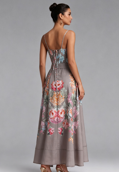 Taupe Linen-Blend A-Line Floral Maxi Dress