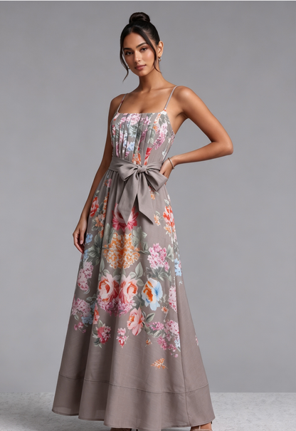 Taupe Linen-Blend A-Line Floral Maxi Dress
