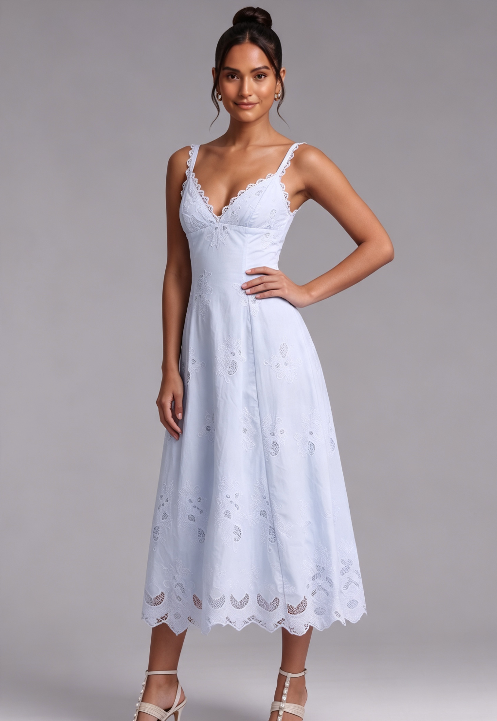 Light Blue Cotton Eyelet A-Line Midi Dress