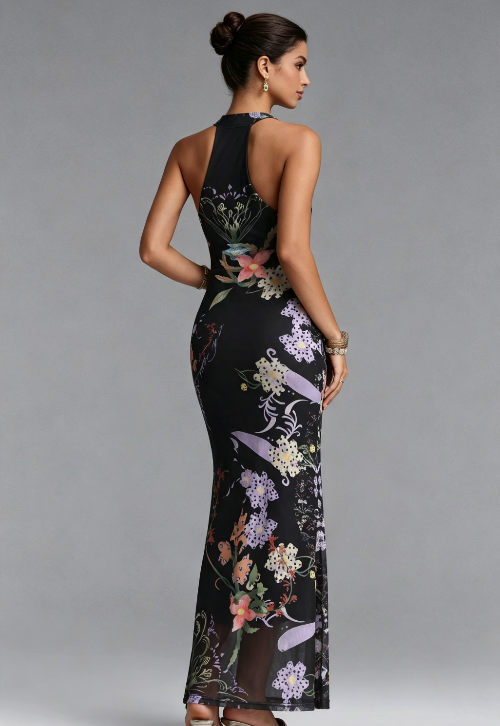 Black Sheer Mesh Fitted Column Maxi Dress with Engineered Floral Print