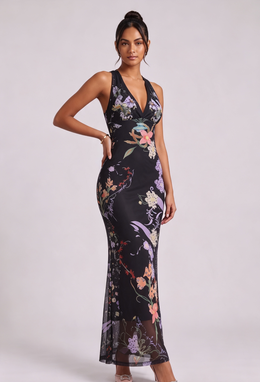 Black Sheer Mesh Fitted Column Maxi Dress with Engineered Floral Print