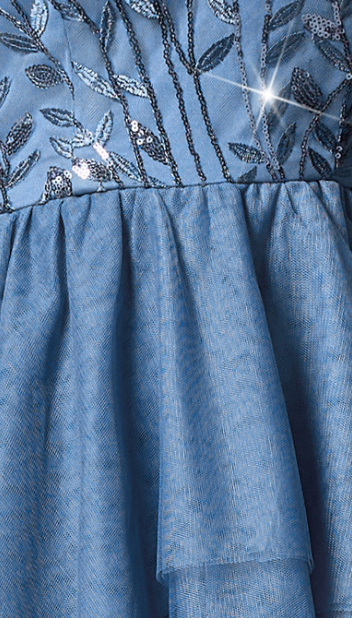 slate blue tulle high-low A-line dress