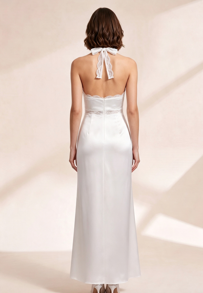 White Halter Maxi Dress with Lace Trim Premium Fabric - product view 5