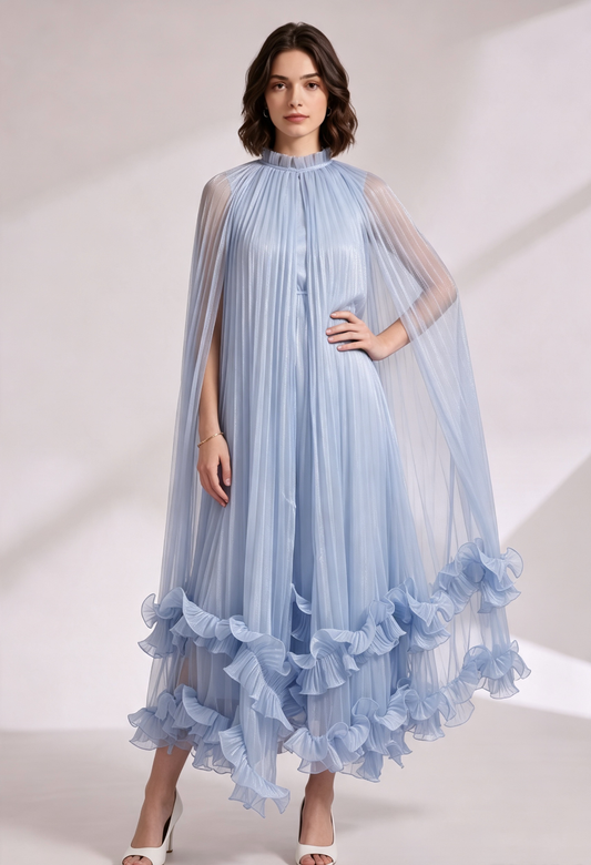 Light Blue Pleated Cape Dress with Tiered Ruffle Hem Premium Fabric - product view 4