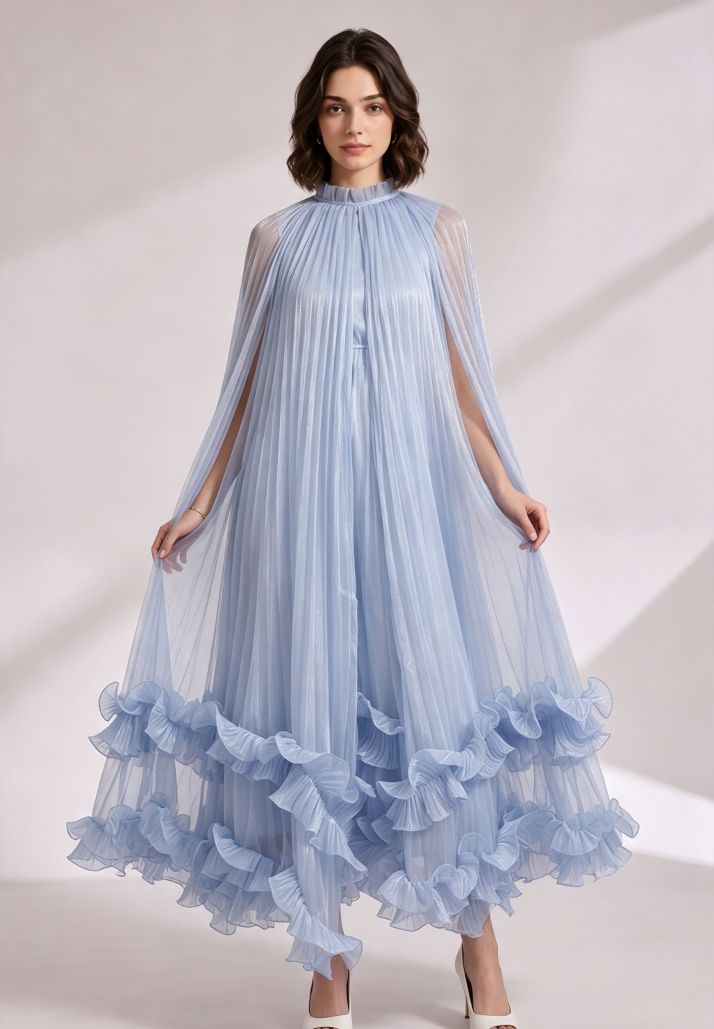 Light Blue Pleated Cape Dress with Tiered Ruffle Hem Premium Fabric - product view 5