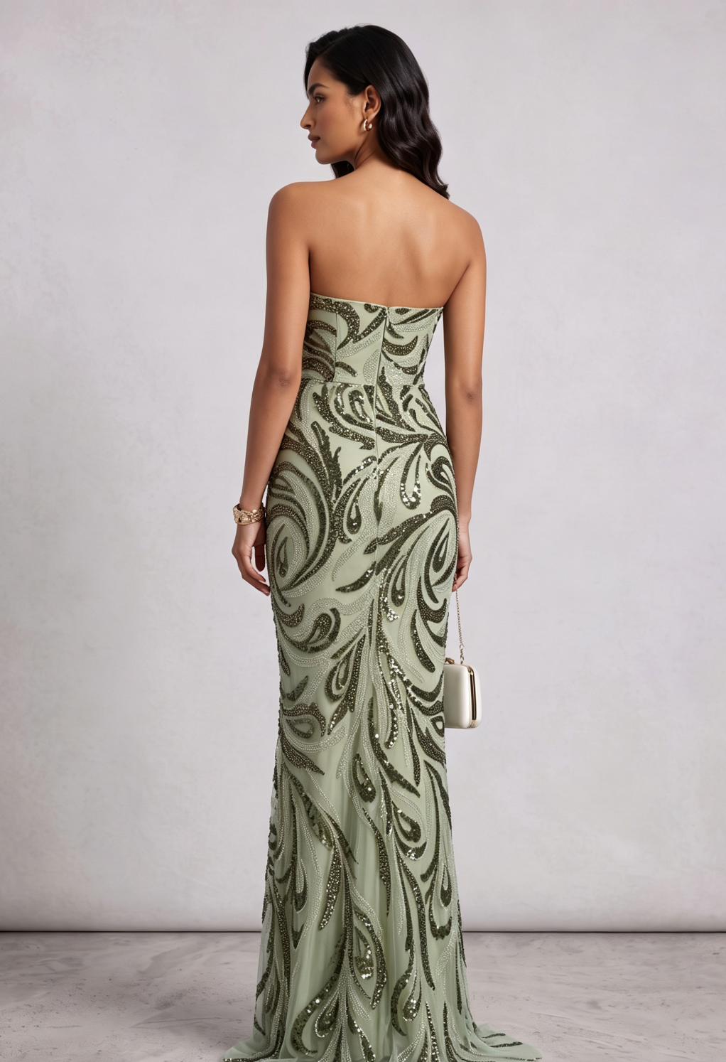 Sage Green One-Shoulder Sequin Embellished Floor-Length Gown Premium Fabric - product view 5