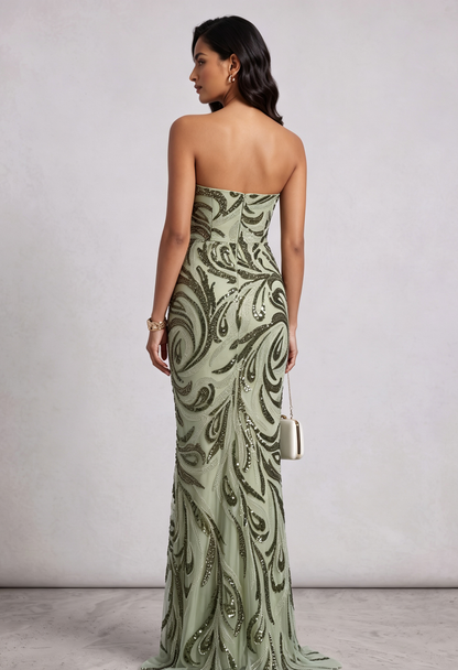Sage Green One-Shoulder Sequin Embellished Floor-Length Gown Premium Fabric - product view 5